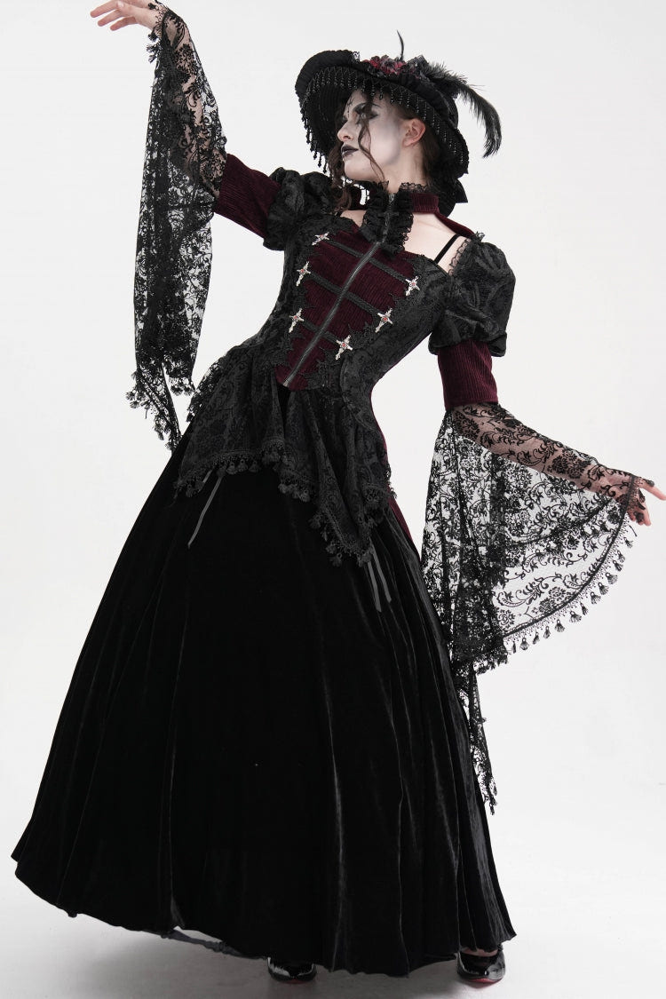 Wine Red Long Sleeves Hollow Lace Tassels Women's Gothic Jacket - Product - 6