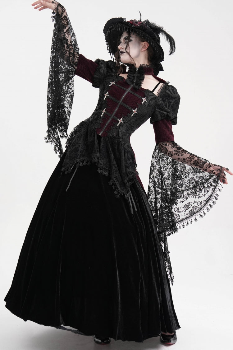 Wine Red Long Sleeves Hollow Lace Tassels Women's Gothic Jacket - Product - 6