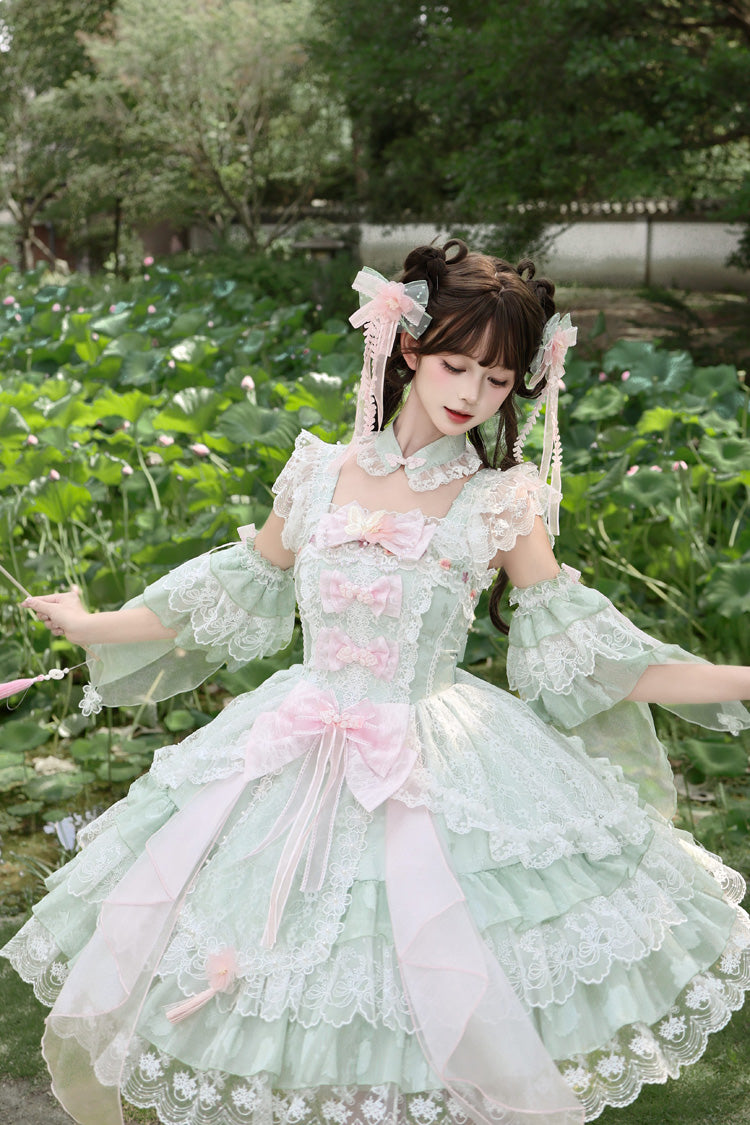 Green [Spring Waters Reflecting Pear Blossoms] Ruffled Embroidered Open-Front Bow Lace Sweet Lolita Jsk Dress - Product - 7