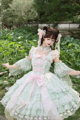 Green [Spring Waters Reflecting Pear Blossoms] Ruffled Embroidered Open-Front Bow Lace Sweet Lolita Jsk Dress - Product - 7