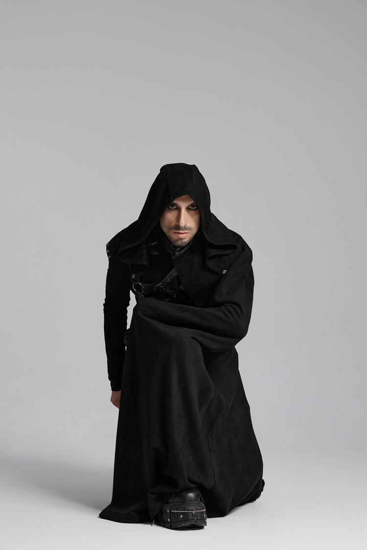 Black Hooded Buckle-up Rivets Men's Punk Cloak - Product - 6