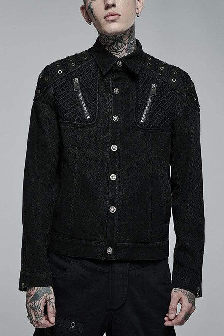 Black Punk Washed Aged Texture Rough Grain Splicing Mesh Metal Buttonholes Zipper Trim Long Sleeve Men's Coat - Black - 1