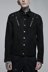 Black Punk Washed Aged Texture Rough Grain Splicing Mesh Metal Buttonholes Zipper Trim Long Sleeve Men's Coat - Black - 1