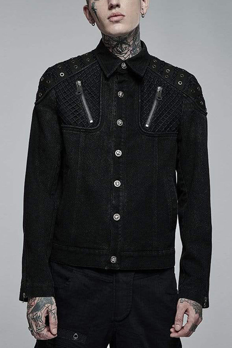 Black Punk Washed Aged Texture Rough Grain Splicing Mesh Metal Buttonholes Zipper Trim Long Sleeve Men's Coat - Black - 1