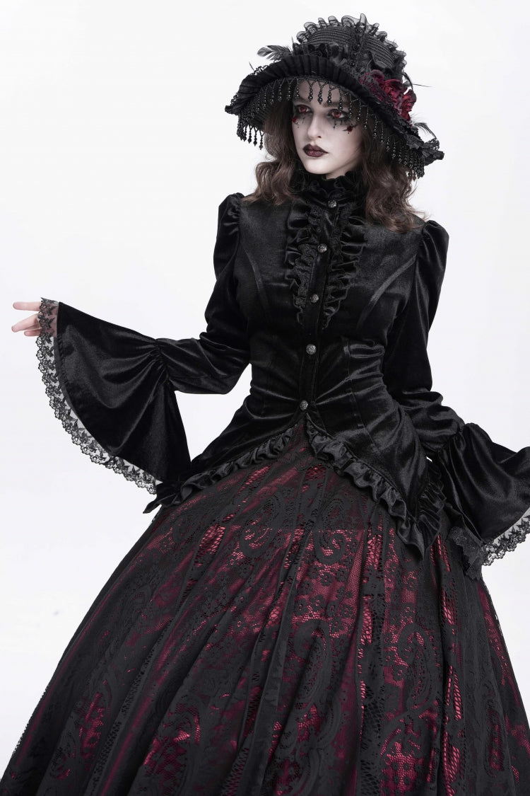 Black Stand Collar Long Trumpet Sleeves Ruffle Swallow-tailed Women's Gothic Blouse - Product - 3