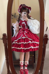 [Grisha] Sleeveless Triple-Layered Ruffle Cardigan Bowknot Lace Sweet Plus Size Lolita Jsk Dress 3 Colors - Product - 17