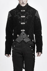 Black Vintage Fake Two Pieces Embroidered Velvet Gothic Mens Coat - Black - 1
