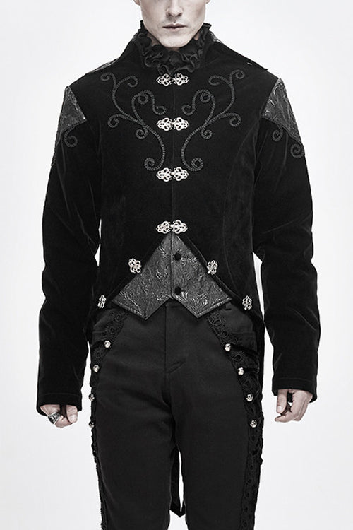 Black Vintage Fake Two Pieces Embroidered Velvet Gothic Mens Coat - Black - 1