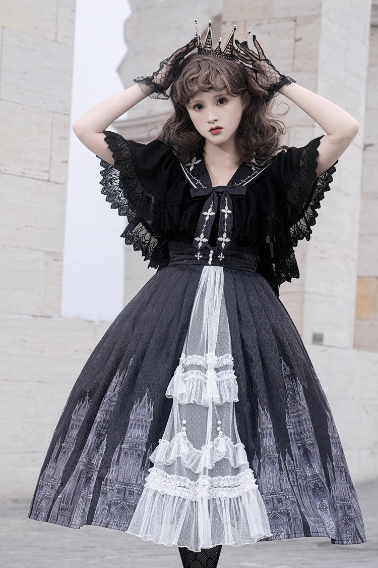 Black Printed Lace Gothic Vintage Princess Lolita JSK Dress detail view 2