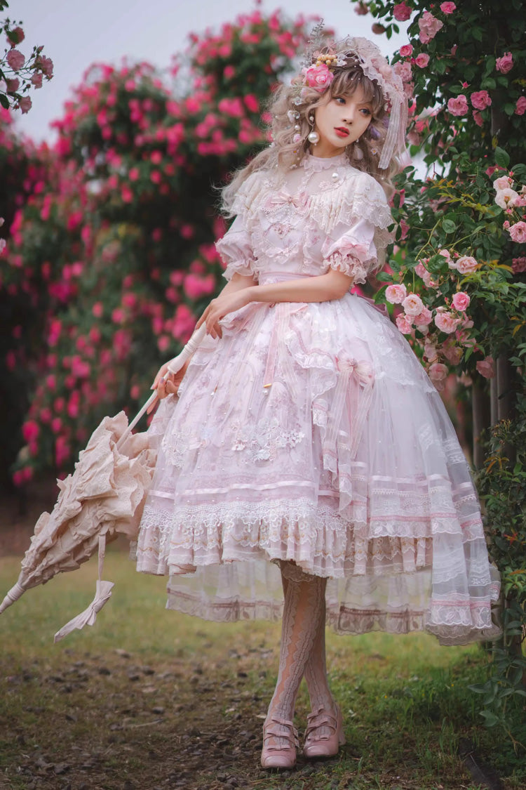 White/Pink [Realm of Sunset] Short Sleeves Printed Ruffled Hanayome Bow Lace Gorgeous Sweet Lolita Dress Set - White/Pink - 1