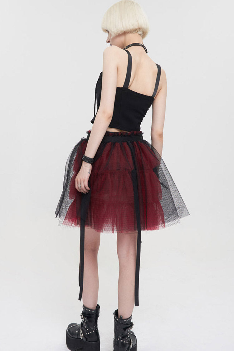 Black/Red Punk Mesh Ruffles Rock Women's Short Skirt - Product - 8