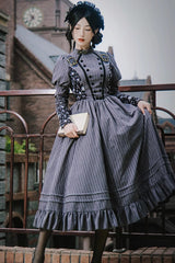 Gray Stripes Print Long Sleeves Classic Lolita Dress - Product - 3