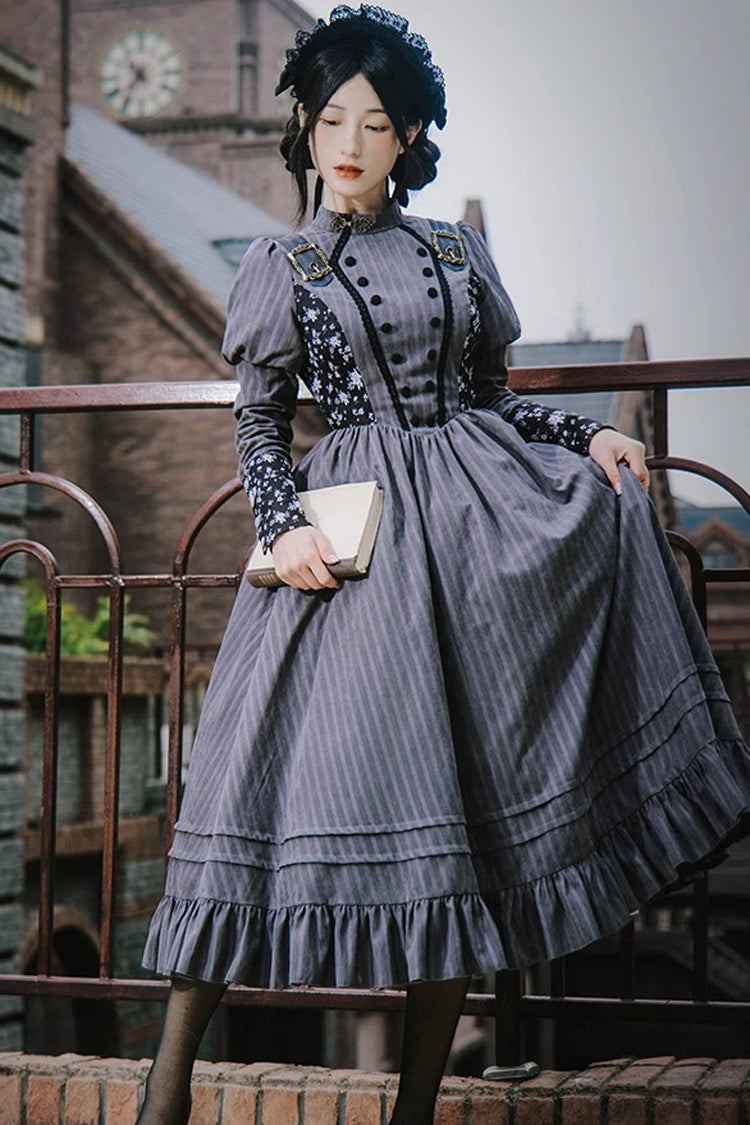 Gray Stripes Print Long Sleeves Classic Lolita Dress - Product - 3