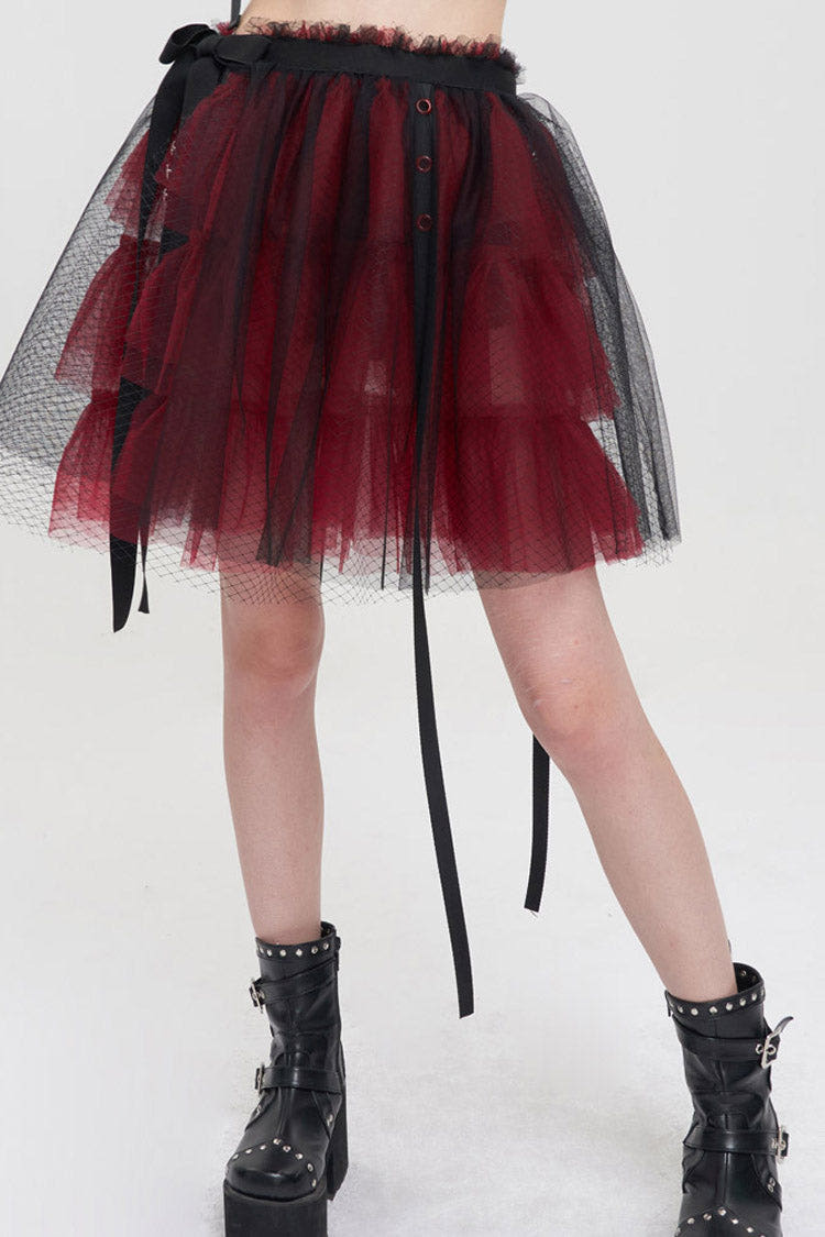 Black/Red Punk Mesh Ruffles Rock Women's Short Skirt - Black/Red - 1