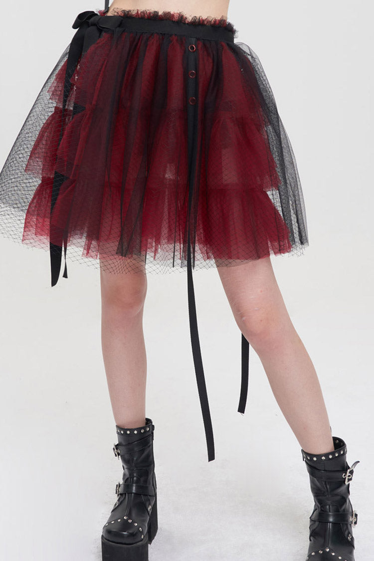 Black/Red Punk Mesh Ruffles Rock Women's Short Skirt - Black/Red - 1