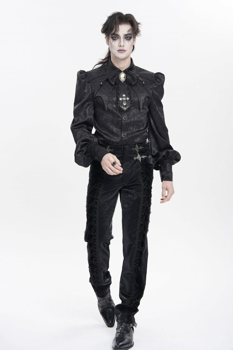 Black Lapel Collar Long Trumpet Sleeves Jacquard Bow Men's Palace Shirt with Necktie - Product - 6