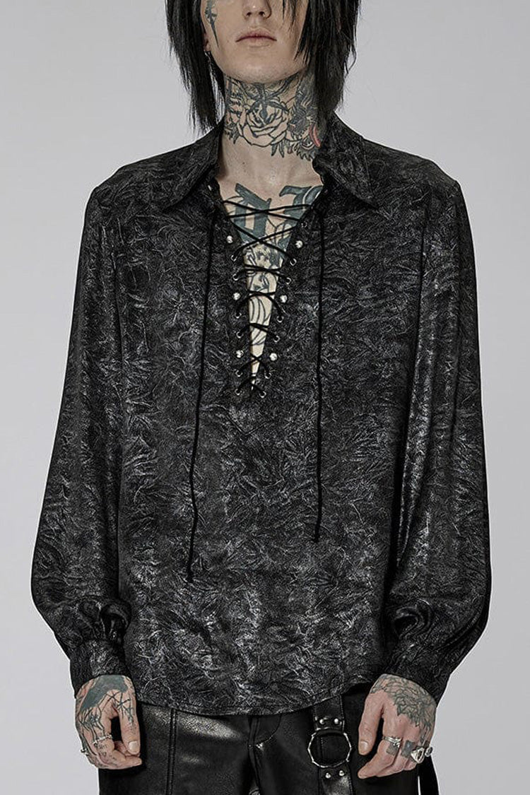 Black/Silver Stand Collar Long Puff Sleeves Print Lace-Up Metal Decoration Mens Gothic Blouse - Black/Silver - 1