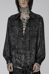 Black/Silver Stand Collar Long Puff Sleeves Print Lace-Up Metal Decoration Mens Gothic Blouse - Black/Silver - 1