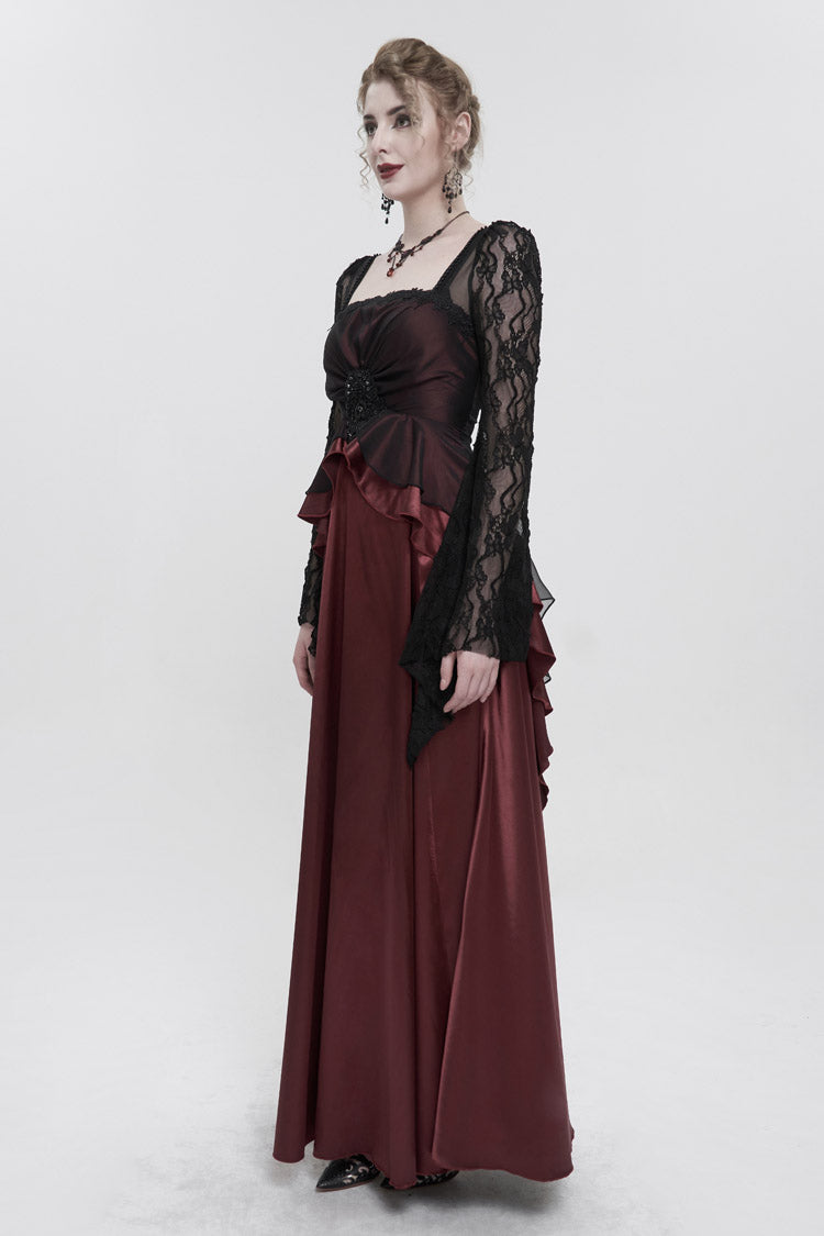 Red Lace Pointy Large Sleeves Back Middle Zipper Satin Long Floor Length Women's Gothic Dress - Product - 3