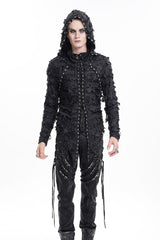 Black Studs Long Sleeves Lace-Up Ripped Men's Gothic Hooded Coat - Black - 1