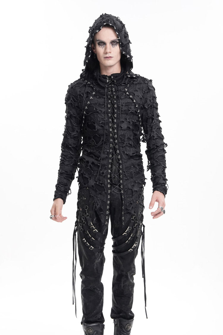 Black Studs Long Sleeves Lace-Up Ripped Men's Gothic Hooded Coat - Black - 1
