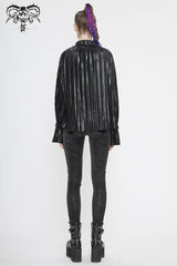 Black Metal Buckles Cuff Bright Pleated Pointed Collar Leather Loops Women's Punk Blouse - Product - 6