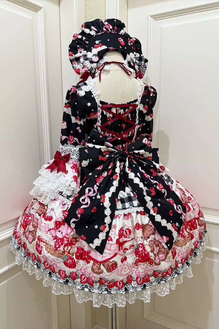 Black/Red [Sweet Berry Bunny Bear] Half Sleeves Printed Bow Lace Lace-Up Sweet Lolita OP Dress - Product - 2