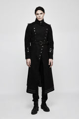 Black Military Uniform Double Breasted Men's Long Gothic Coat With Belt - Black - 1