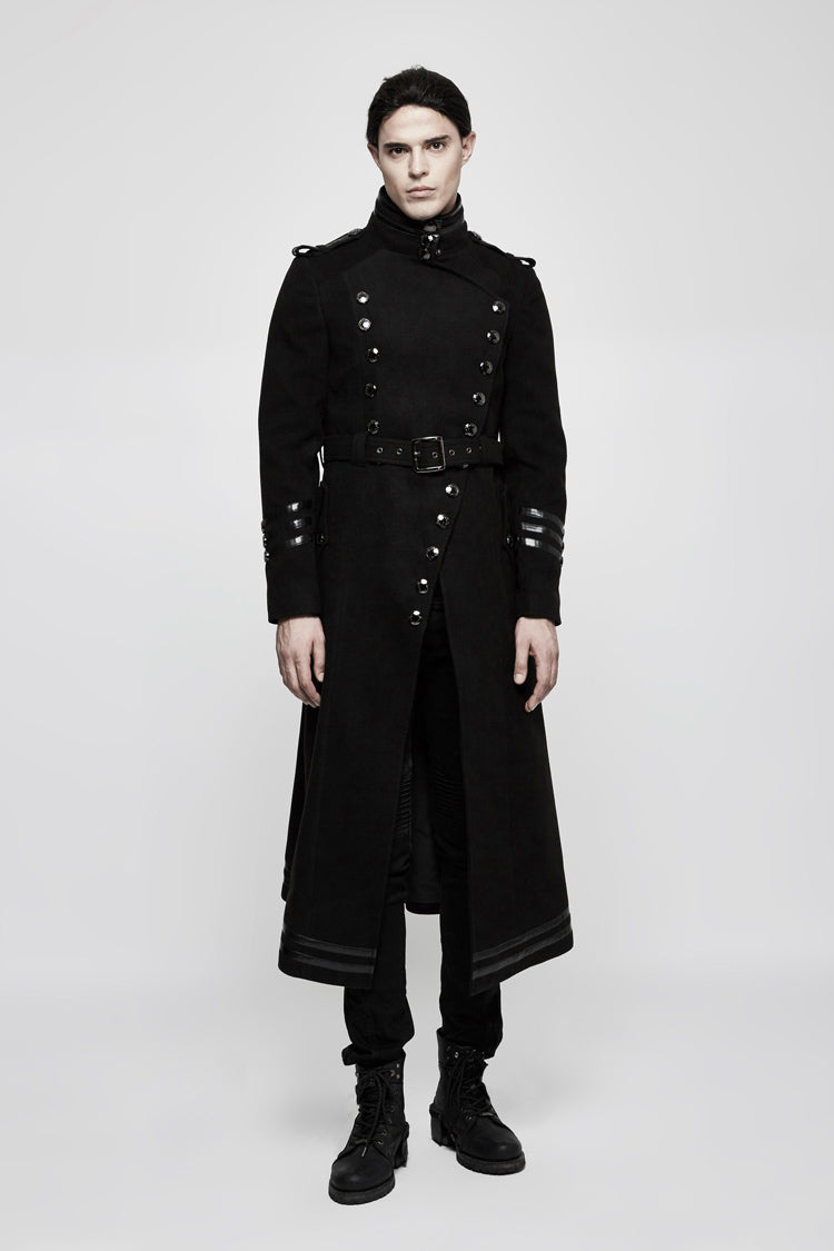 Black Military Uniform Double Breasted Men's Long Gothic Coat With Belt - Black - 1