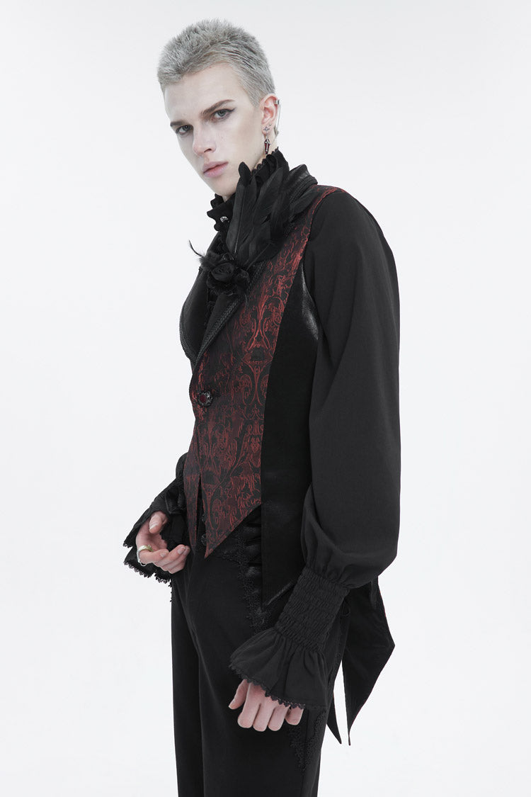 Black/Red Vintage Dark Pattern Men's Gothic Vest With Brooch - Product - 3