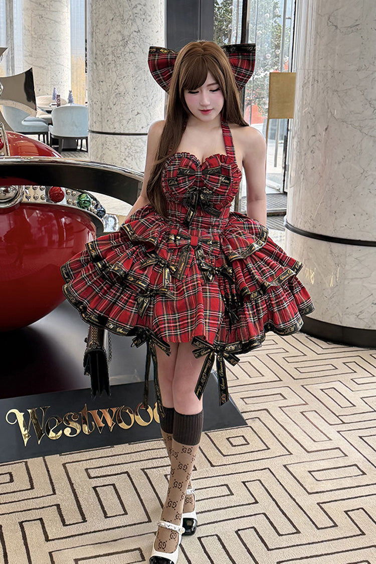 Red [Rock Kitty] Sleeveless Triple-Layered Printed Ruffled Bow Gothic Lolita JSK Dress detail view 6