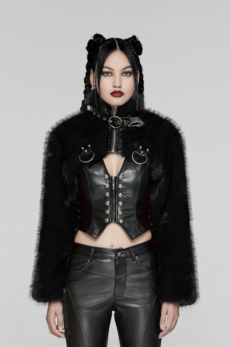 ブラック スタンドカラー 長袖 レディース パンク フェイク Fur ショート ジャケット