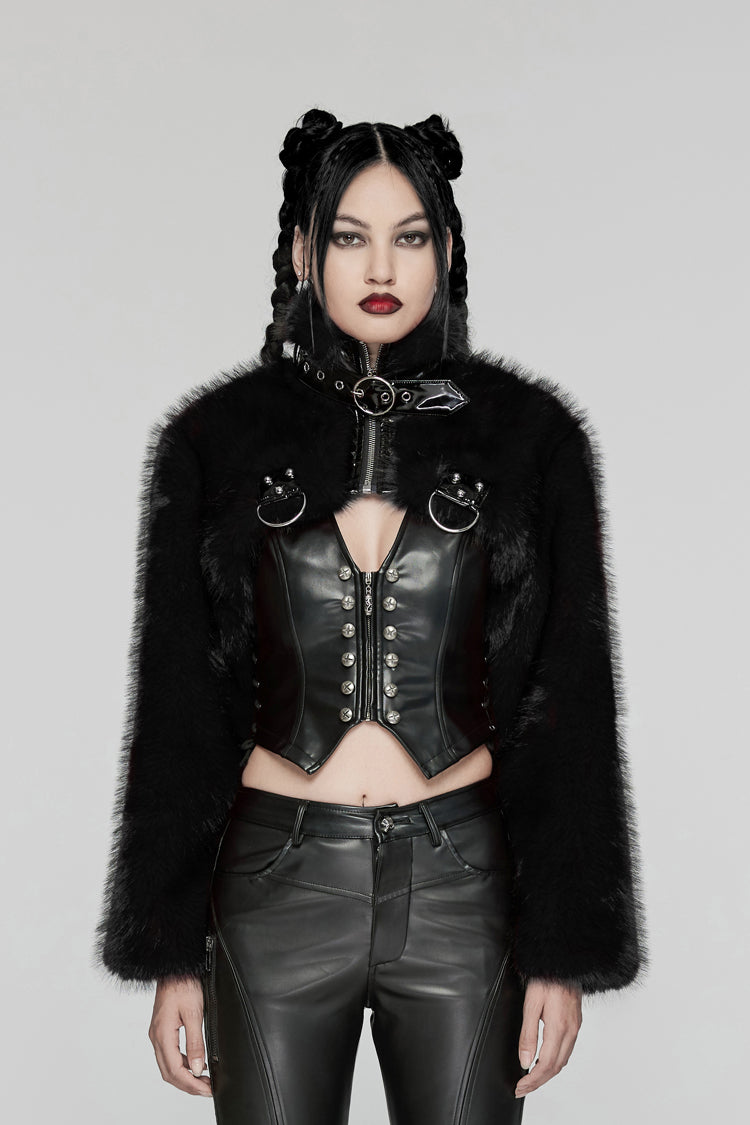 Black Stand Collar Long Sleeves Women's Punk Faux Fur Short Jacket - Black - 1
