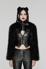 Black Stand Collar Long Sleeves Women's Punk Faux Fur Short Jacket - Black - 1