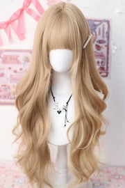 Flaxen Light Golden Straight Bangs Long Big Wave Sweet Lolita Wig front view