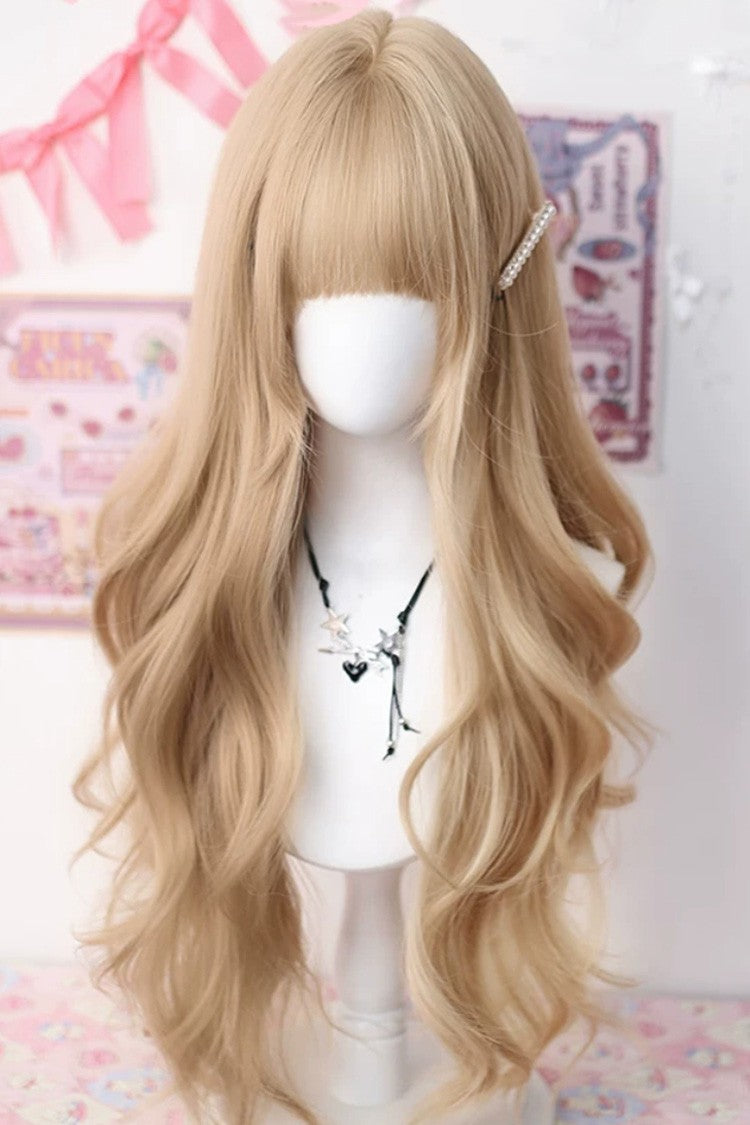 Flaxen Light Golden Straight Bangs Long Big Wave Sweet Lolita Wig - Flaxen-Light-Golden - 1