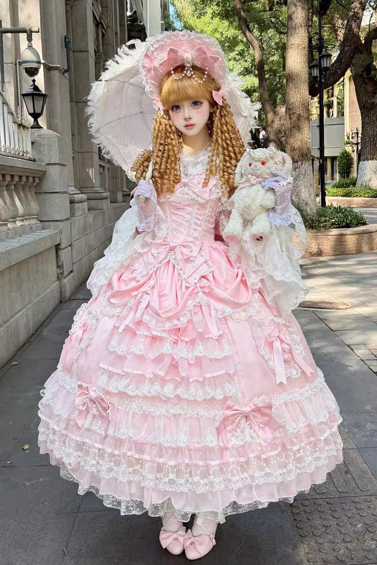 Pink [Ode of the Curtain] Multi-Layered Ruffled Hanayome Open-Front Bow Lace Lace-Up Sweet Long Lolita Jsk Dress - Product - 4