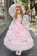 Pink [Ode of the Curtain] Multi-Layered Ruffled Hanayome Open-Front Bow Lace Lace-Up Sweet Long Lolita Jsk Dress - Product - 4
