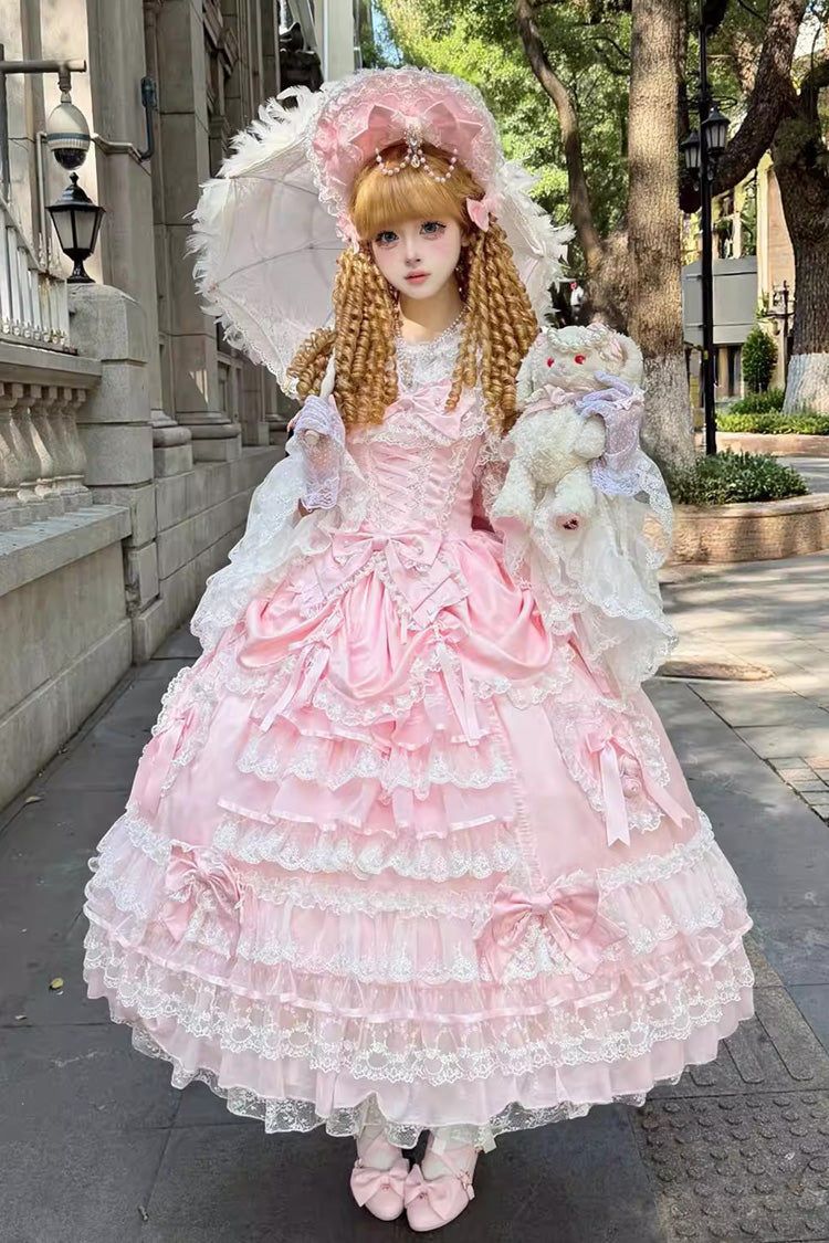 Pink [Ode of the Curtain] Multi-Layered Ruffled Hanayome Open-Front Bow Lace Lace-Up Sweet Long Lolita Jsk Dress - Product - 4