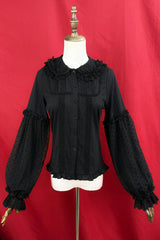 [Candy Stick] Doll Collar Long Lantern Sleeves Ruffled Lace Sweet Elegant Lolita Blouse 4 Colors - Black - 3