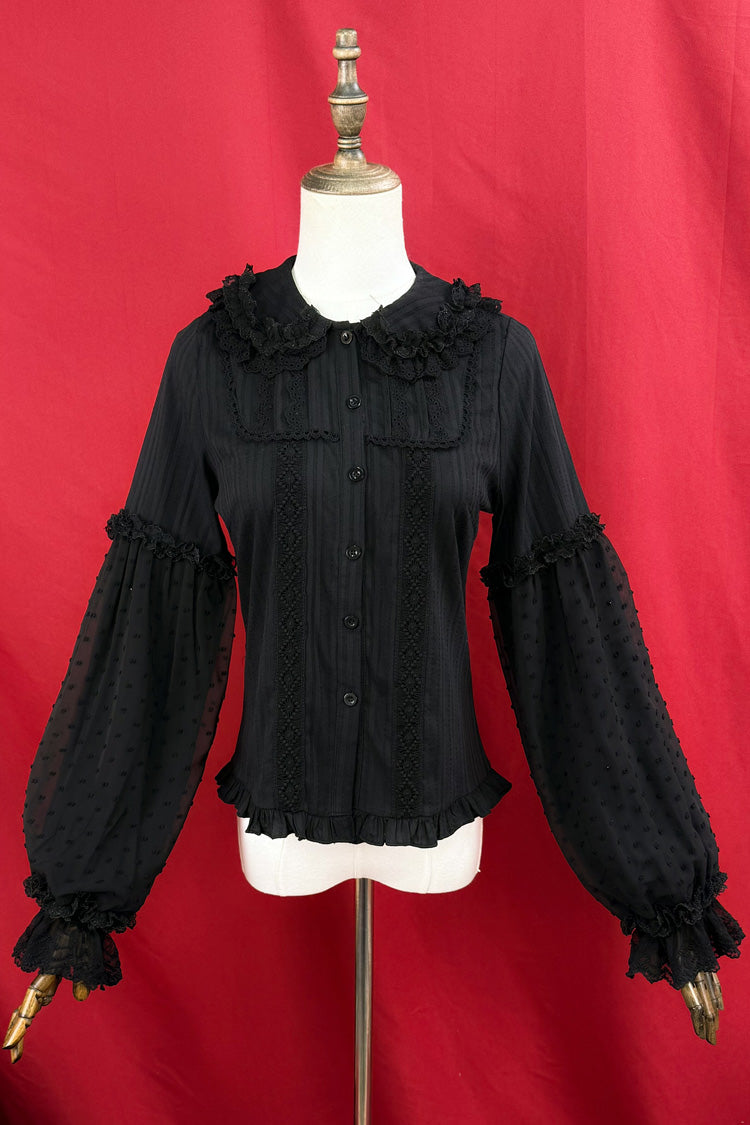 [Candy Stick] Doll Collar Long Lantern Sleeves Ruffled Lace Sweet Elegant Lolita Blouse 4 Colors - Black - 3