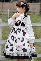 Black/White High Waist Ruffled Milk Pudding Printed Sweet Lolita Jsk Dress - Product - 2