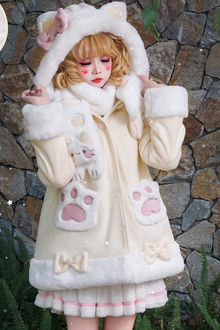 Calico Cat Long Sleeves Bowknot Hooded Daily Sweet Lolita Coat 3 Colors - Yellow - 1