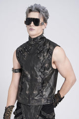 Black Stand Collar Sleeveless Strappy Stitching Zipper Men's Gothic Vest - Product - 2