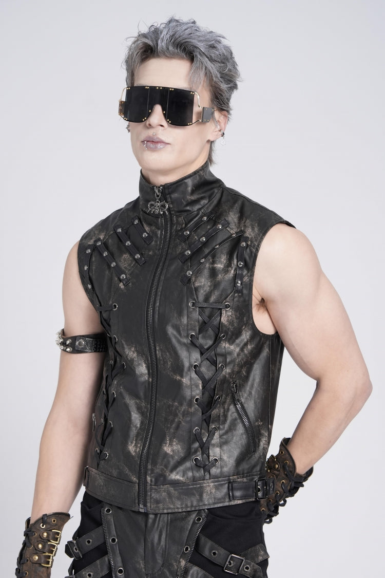 Black Stand Collar Sleeveless Strappy Stitching Zipper Men's Gothic Vest - Product - 2
