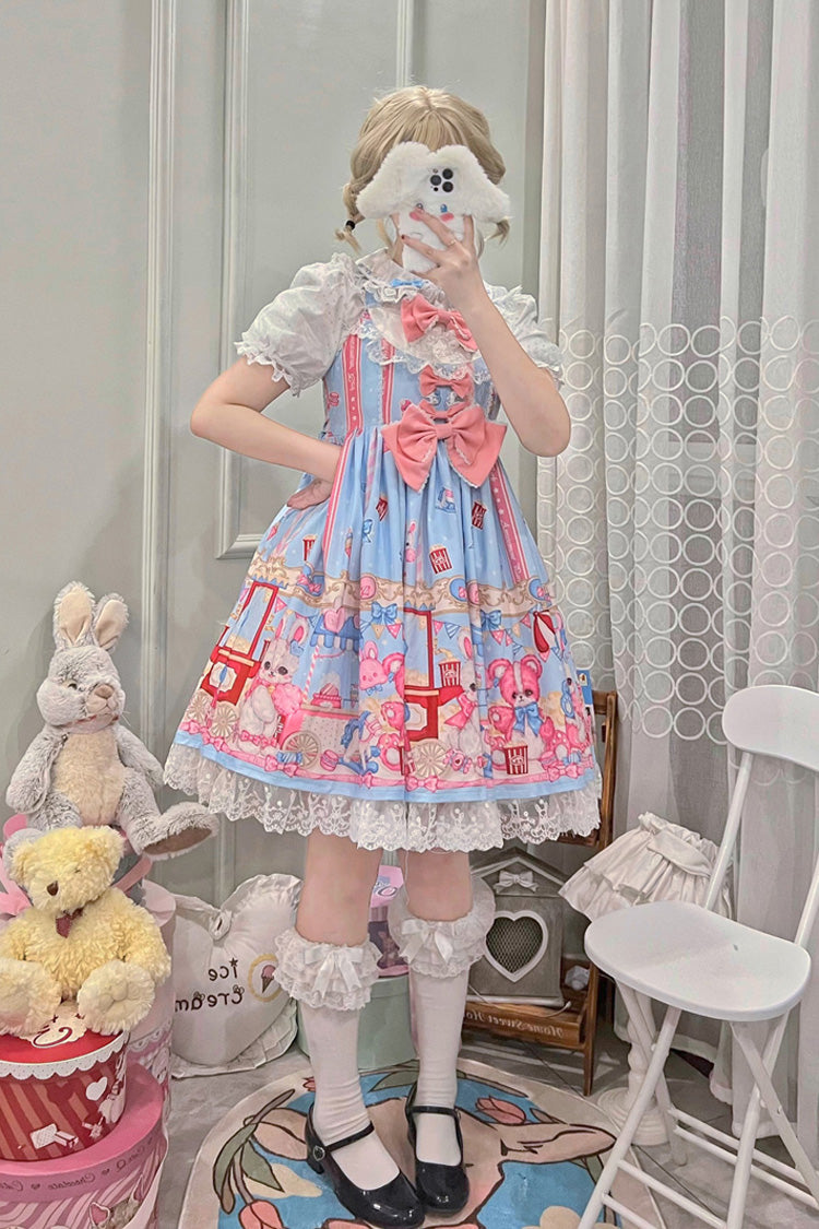 Blue/Pink Doll Playground Print Ruffle Bowknot Sweet (Dress Only) detail view 4