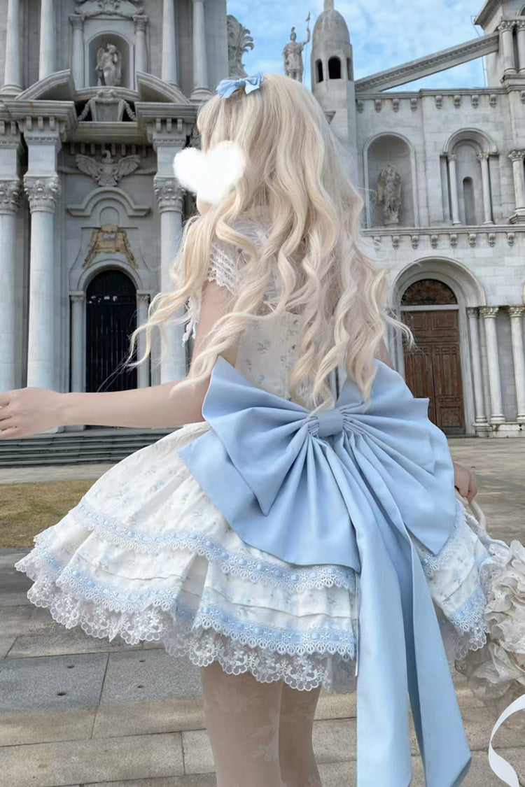 Blue [First Love Rose] Multi-Layered Print Ruffle Bowknot Lace Sweet Lolita Jsk Dress Set - Product - 7