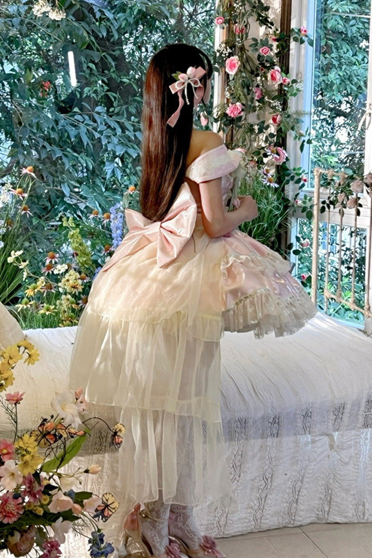 Pink [Tulip Love Song] Boat Neck Double-Layered Ruffle Bowknot Lace Lace-Up Romantic Sweet Princess Lolita Dress - Product - 8