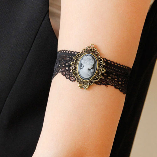 Black Lace Retro Victorian Beauty Head Elastic Gothic Lolita Armband Bracelet - Black - 1