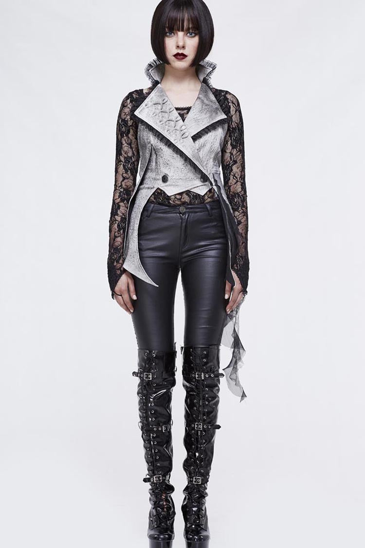 White Painted Back Lace Up Lace Hem Asymmetrical Women's Gothic Waistcoat - Product - 2